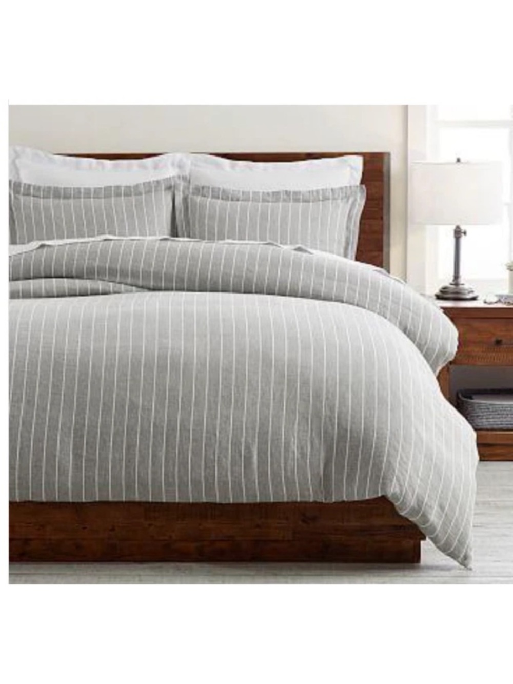 Pottery Barn Belgian Flax Linen Stripe Duvet Cover Full Queen Flagstone Gray NWT